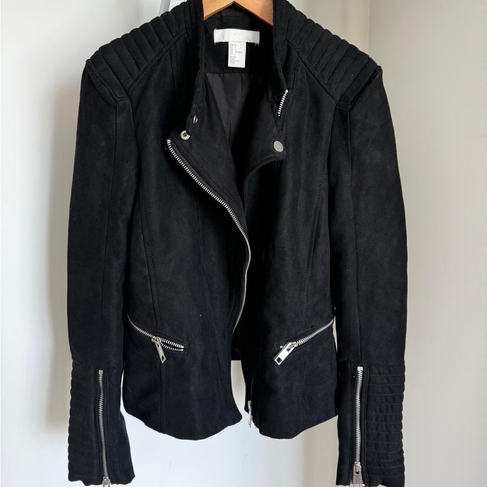 H&M Black Leather Moto Jacket with Asymmetrical Zipper
